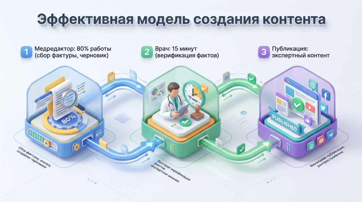 Схема-инфографика процесса создания медицинского контента: медредактор готовит черновик, а врач быстро его верифицирует.