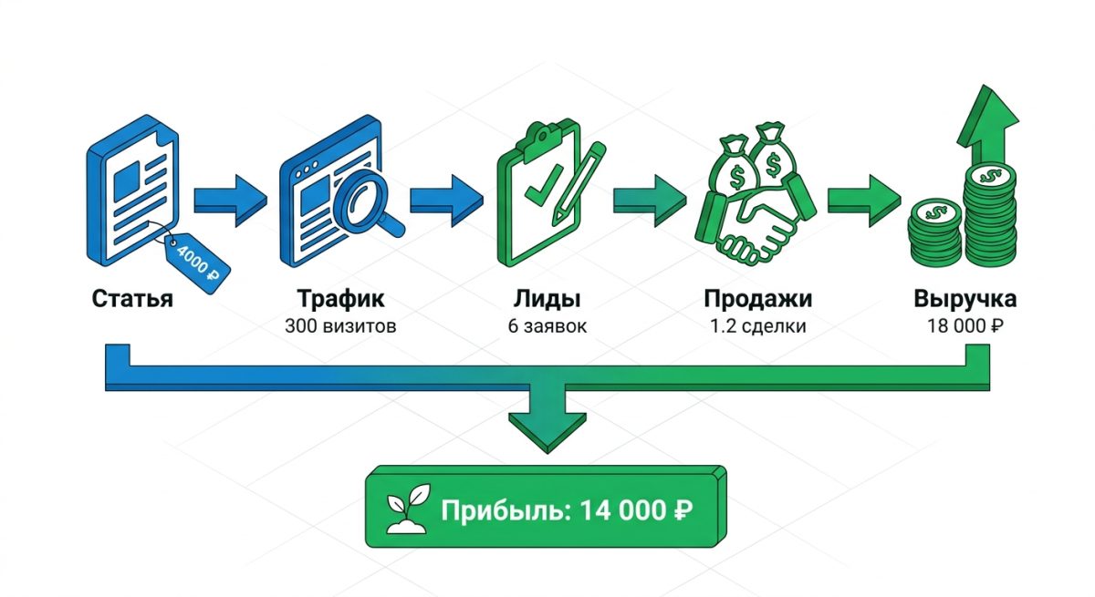 Схема юнит-экономики контента: от стоимости статьи до прибыли.