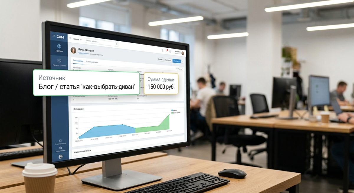 Сквозная аналитика: отслеживание пути клиента от статьи в блоге до продажи в CRM.