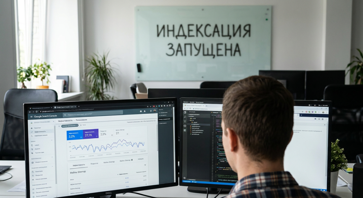 SEO специалист за работой и маркерная доска с текстом
