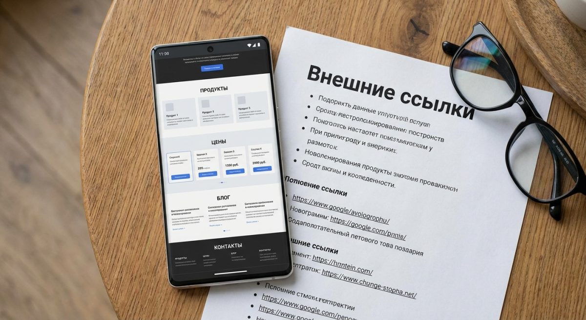 Смартфон с лендингом и документ про внешние ссылки