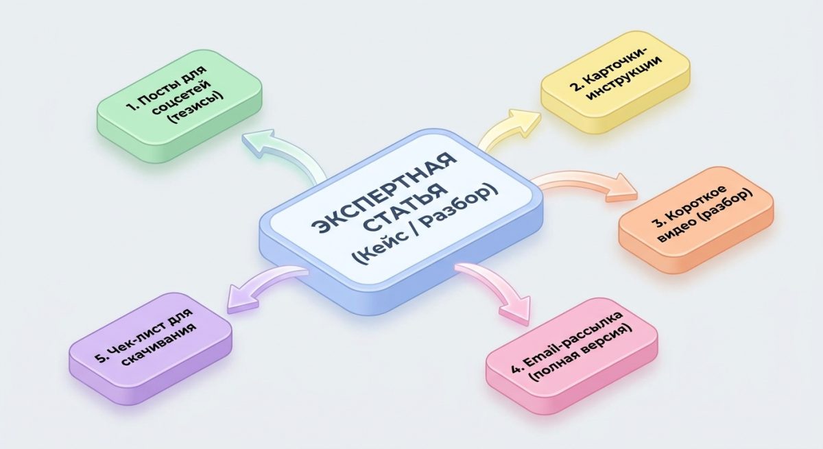 Схема переработки одного экспертного материала в разные форматы контента.