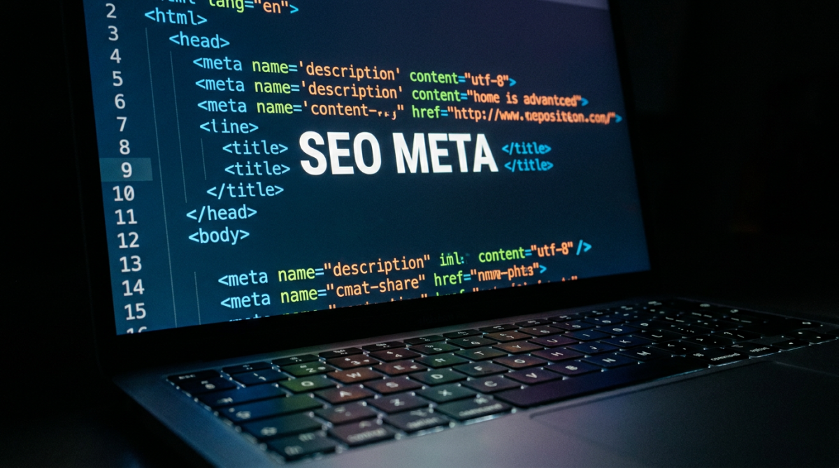 Экран ноутбука с SEO-тегами