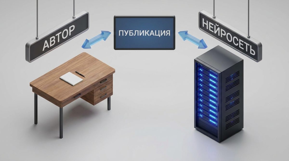 Изометрическая схема сравнения производства контента автором и нейросетью