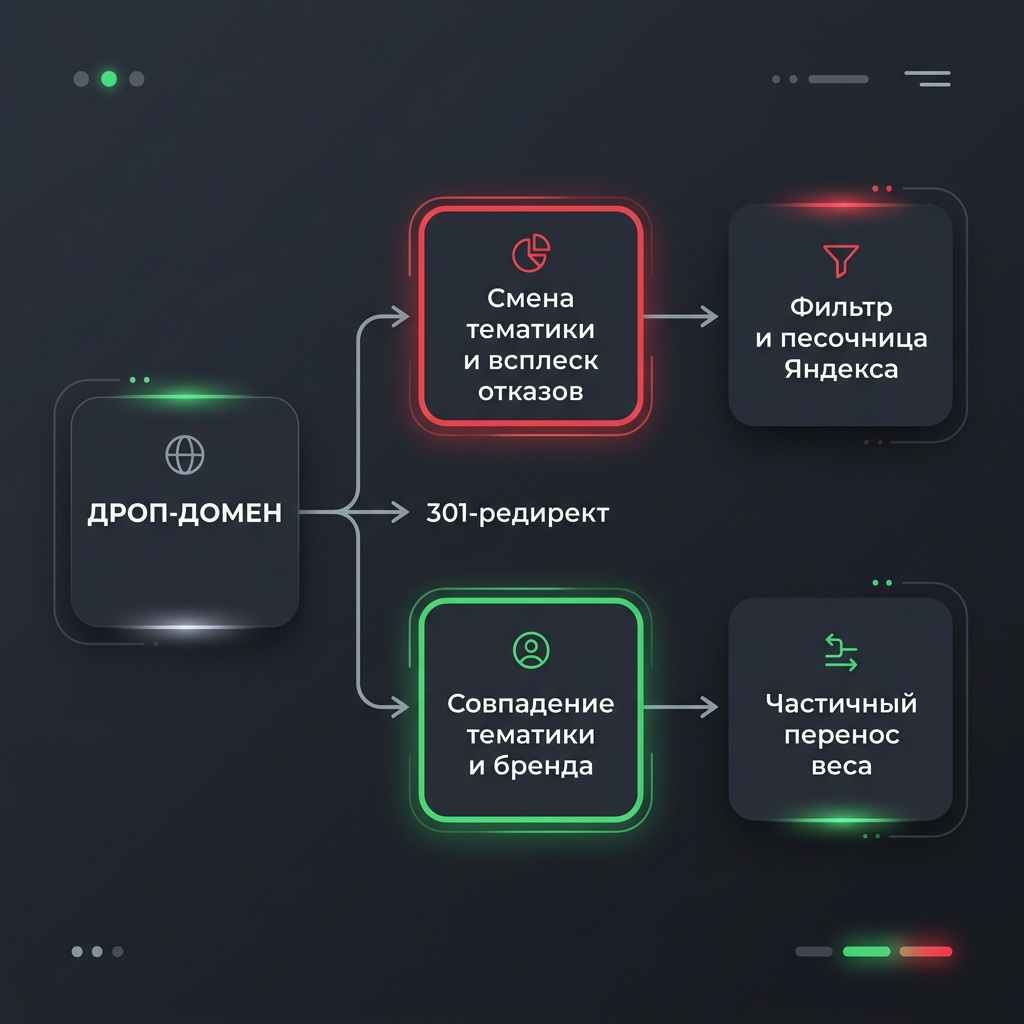 Схема реакции поисковых алгоритмов на 301-редиректы с дроп-доменов