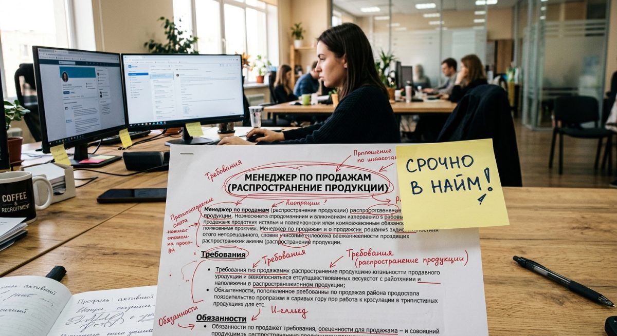 Распечатанный черновик текста вакансии с многочисленными правками и пометками