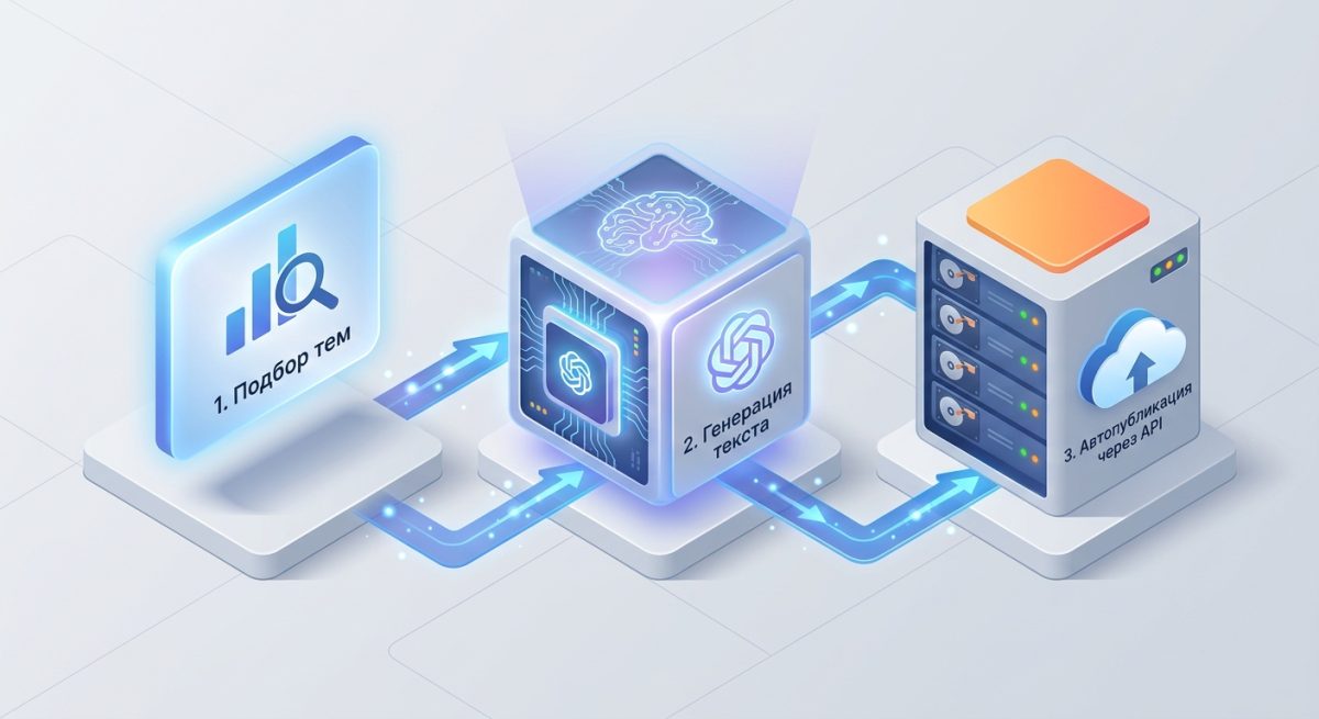 Схема автоматизированного цикла создания и публикации статей через API