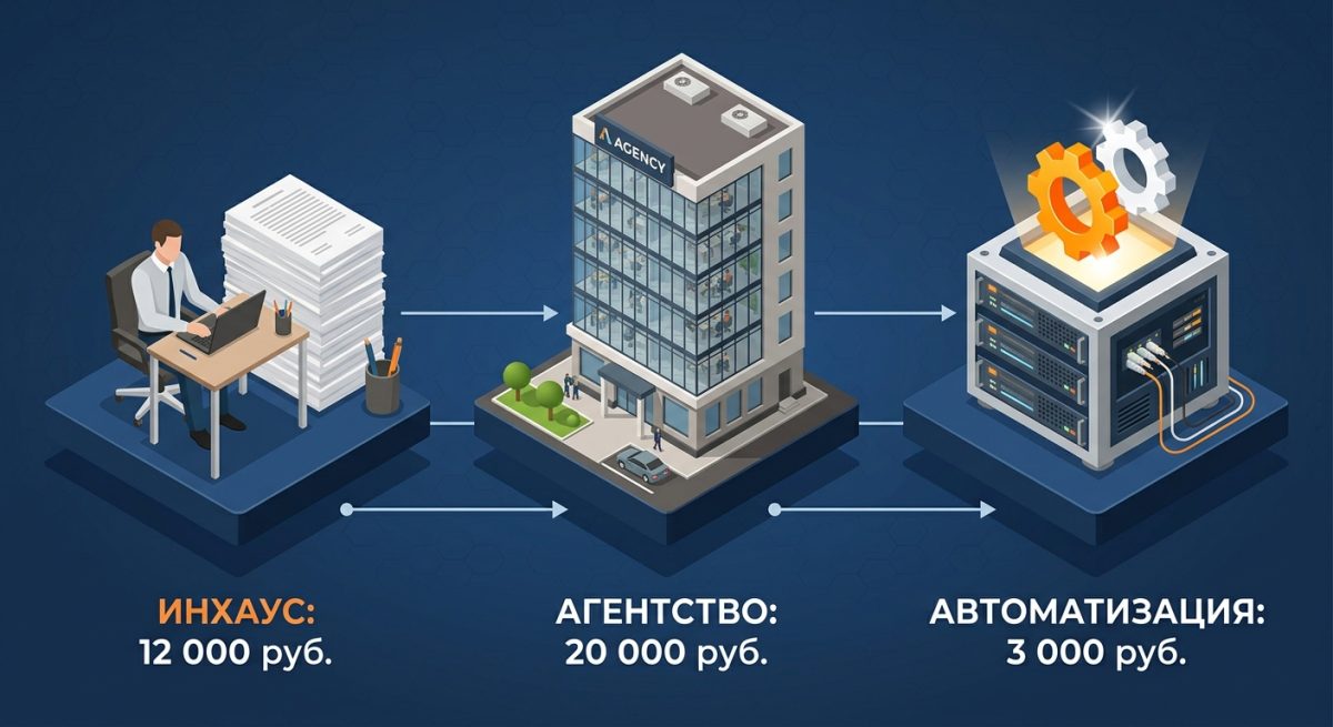 Схема сравнения стоимости контента инхаус, агентства и автоматизации