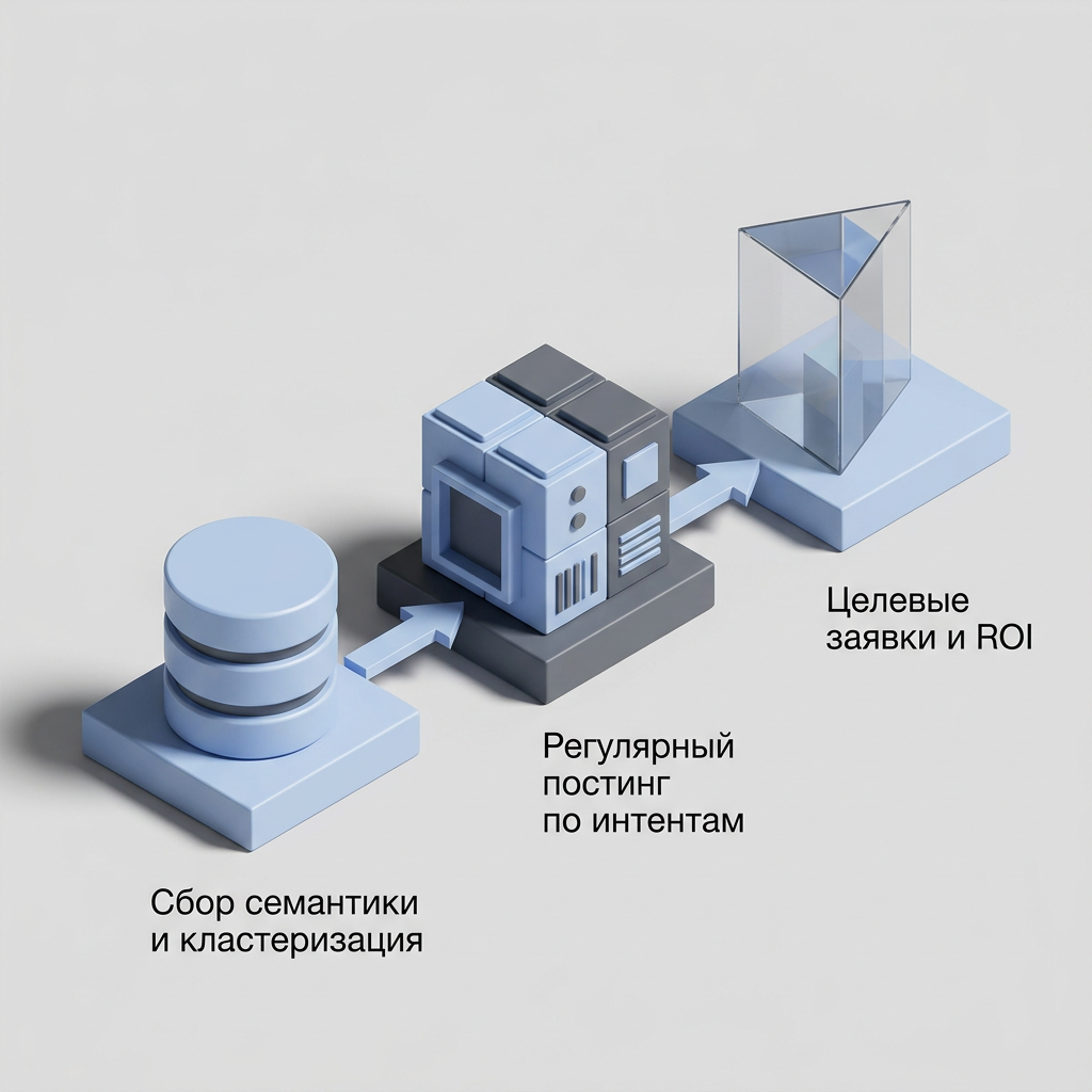 Схема <strong>конвейер</strong>а системного поискового продвижения от семантики к лидам